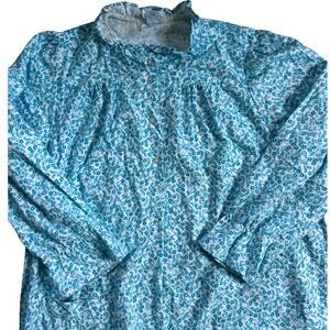 VTG Sears Blue Floral Cottage Cotton Fleece Nightgown Long Sleeve Ruffle L16-18